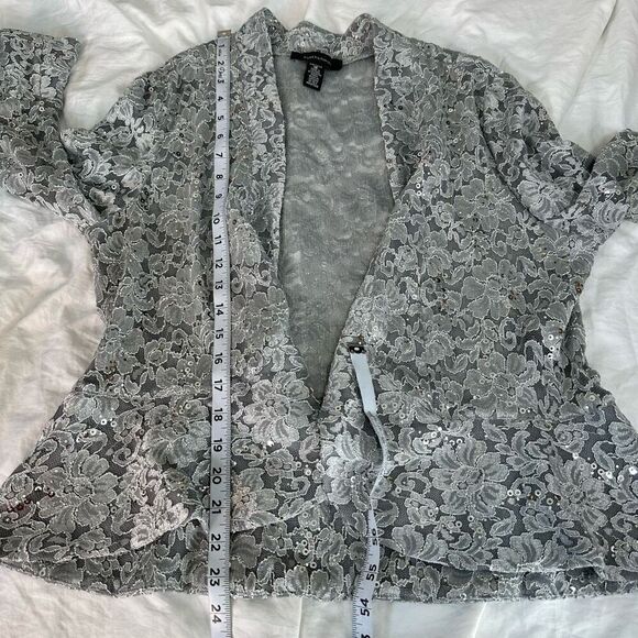 R&M Richards Silver Sequin Floral Lace Cardigan Bolero Womens 16 Fairy Glam - Picture 6 of 9